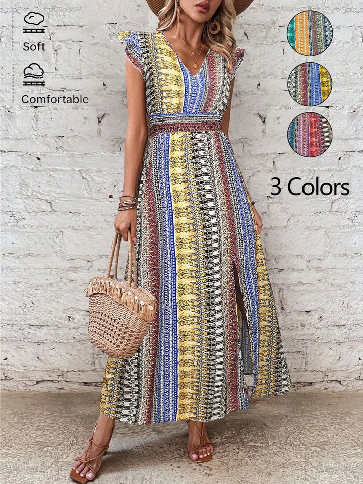 Boho Print Ruffle Sleeve Slit Dress - Nikki &amp; Co. Boutique