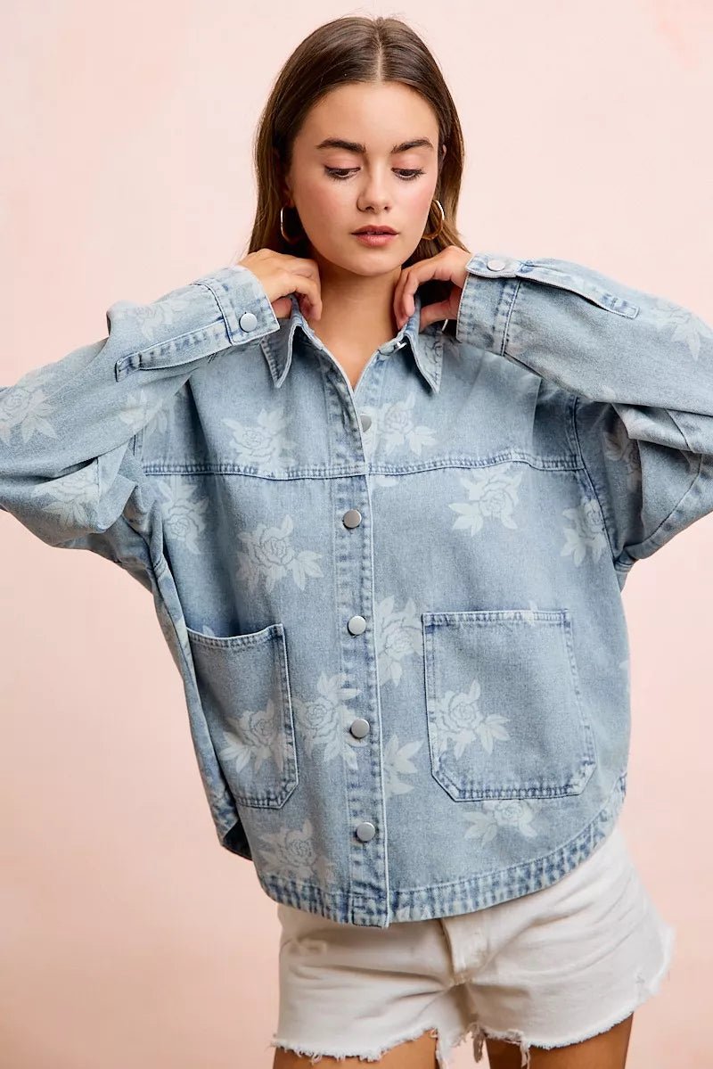 BiBi Printed Washed Denim Jacket With Pocket - Nikki &amp; Co. Boutique
