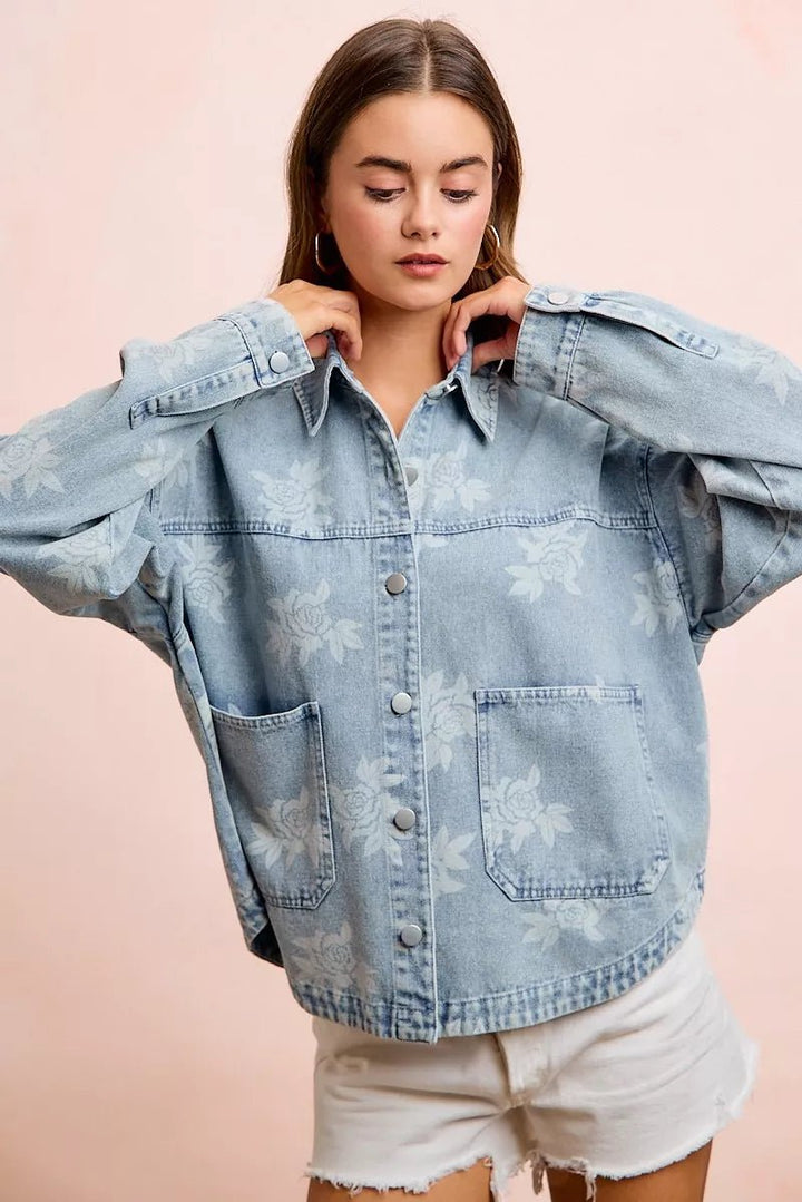 BiBi Printed Washed Denim Jacket With Pocket - Nikki &amp; Co. Boutique