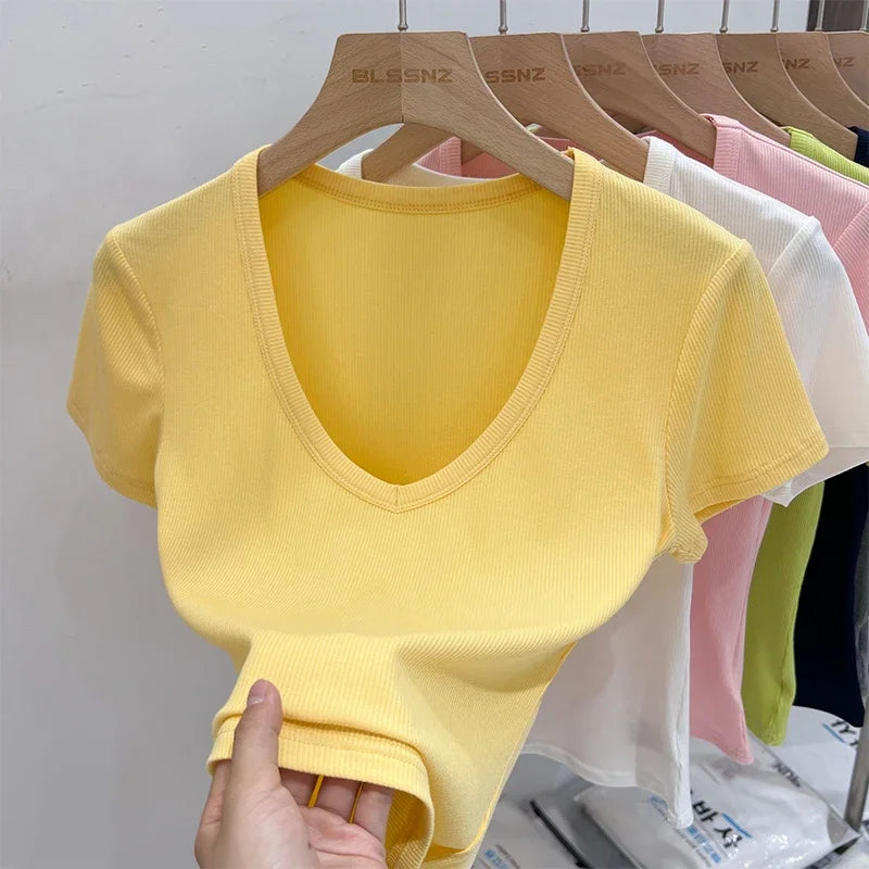Female Y2K Tops Clothes Summer Sexy Basic Crop Top Women Ribbed Short Sleeve T-shirts Casual V-Neck Solid Slim Fit Tee