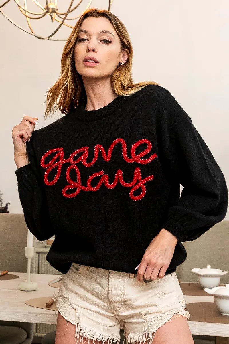 BiBi Game Day Metallic Letter Sweater | Black &amp; Red - Nikki &amp; Co. Boutique