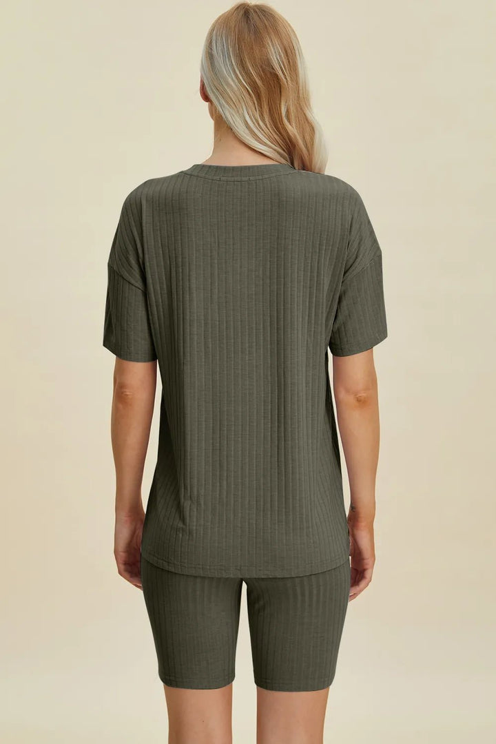 Basic Bae Full Size Ribbed V-Neck Shorts Sleeve Tops and Shorts Sets | Nikki &amp; Co. Boutique