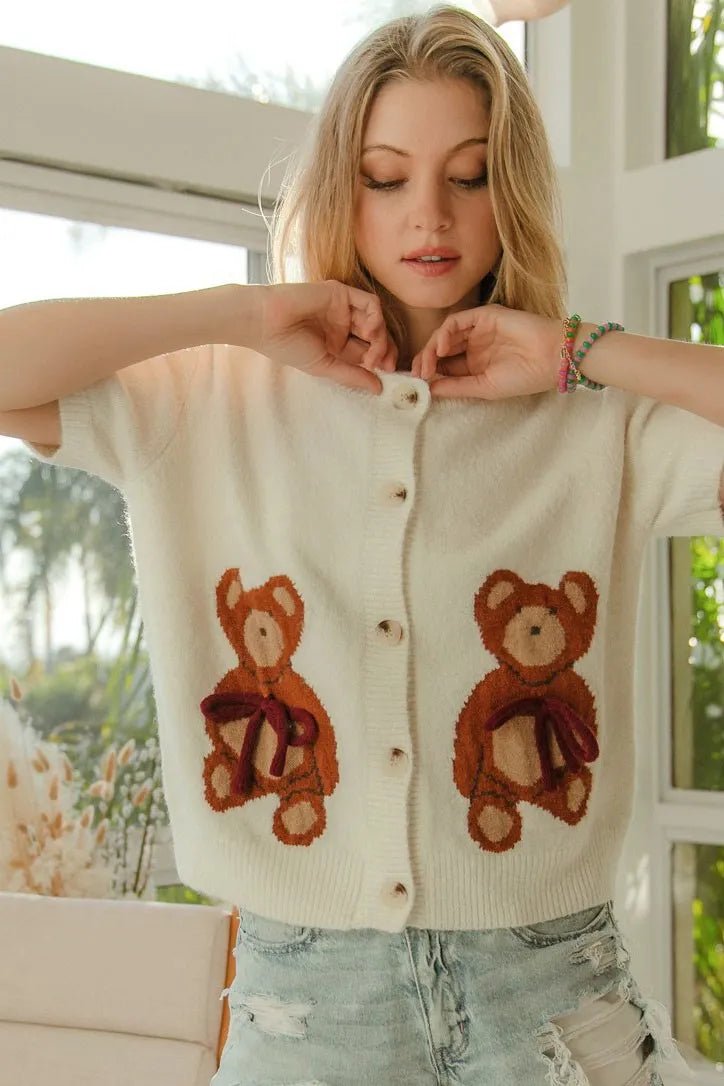 BiBi Teddy Bear With Bow Patched Sweater Button Down Top - Nikki &amp; Co. Boutique