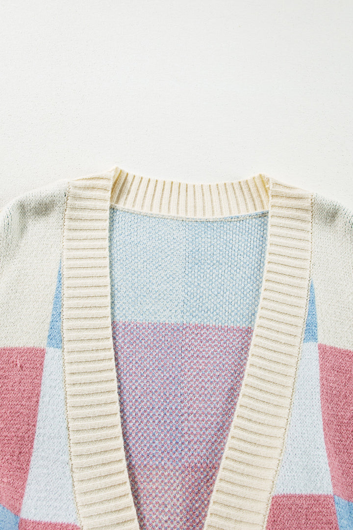 Checkered Drop Shoulder Exposed Seam Open Front Cardigan