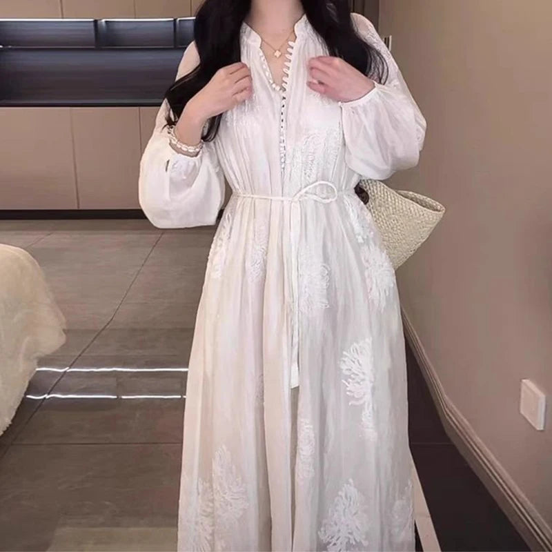 Elegant Flower Embroidery White Maxi Dress Women Stylish Button Lantern Long Sleeve Lace Up Dress Casual Loose Holiday Vestido