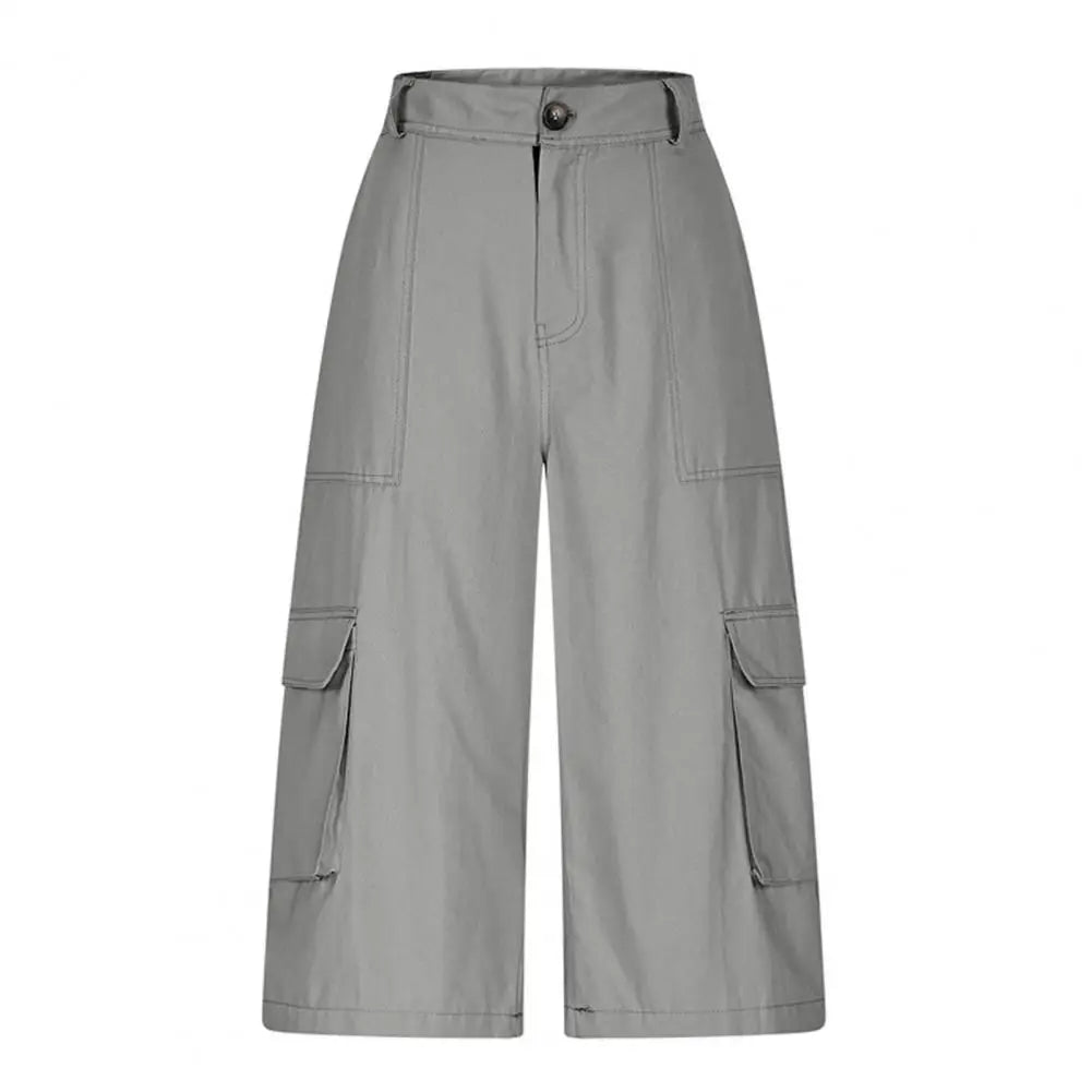 Women Cropped Pants Mid-Waist Design Straight Wide Leg Casual Trousers With Pockets Casual Loose Fit Summer Breathable Pants