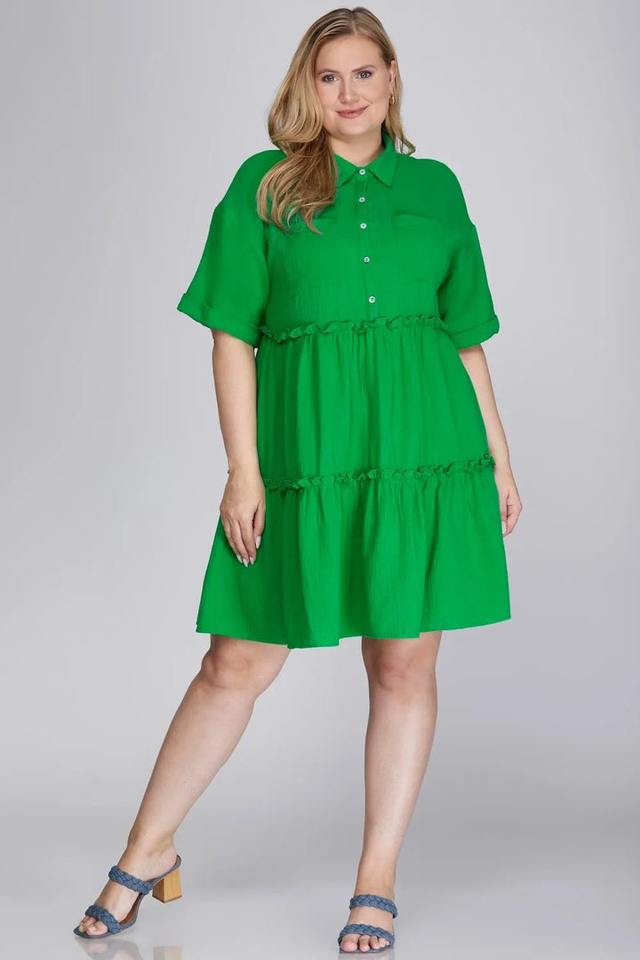 She + Sky Full Size Button Front Frill Tiered Mini Dress Plus Size - Nikki &amp; Co. Boutique