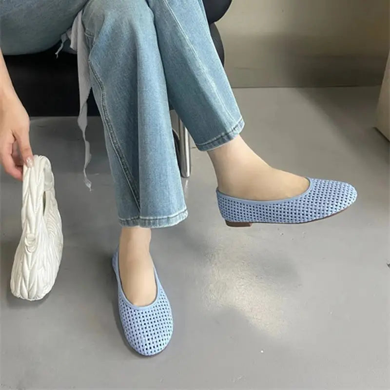 White Flats Ladies Low Heels Pumps Summer Office Shoes Blue Porosity Mary Jane Flat Shoes Comfort Ballet Plus Size 42 43