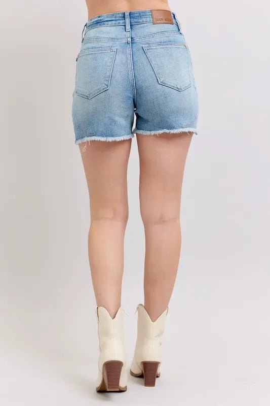 Judy Blue Full Size High Waist Western Embroidery Cut Off Denim Shorts in Light Wash - Nikki &amp; Co. Boutique