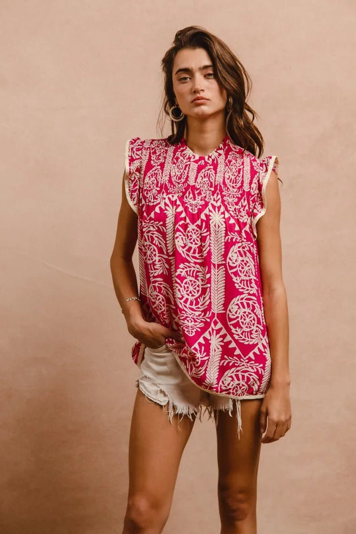 BiBi Printed Ruffle Sleeve Tops | Nikki &amp; Co. Boutique