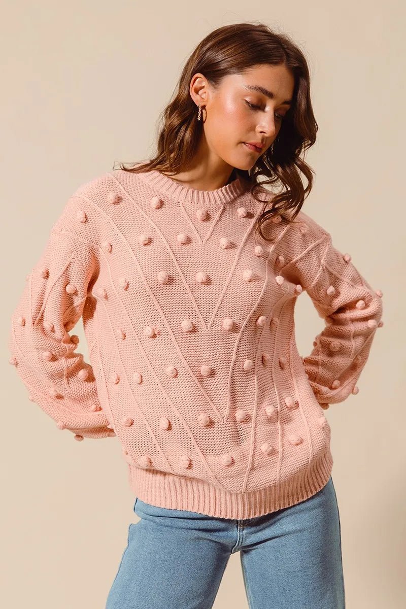 SO ME Pom-Pom Textured-Knit Sweater Top | Blush - Nikki &amp; Co. Boutique