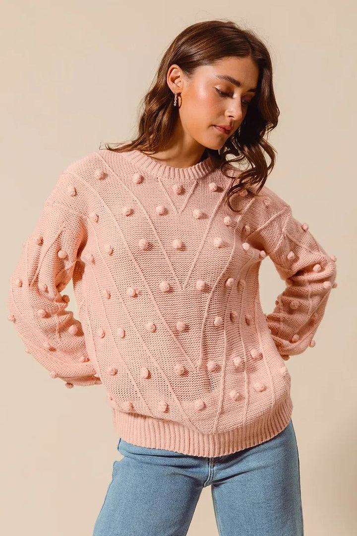 SO ME Pom-Pom Textured-Knit Sweater Top | Blush - Nikki &amp; Co. Boutique