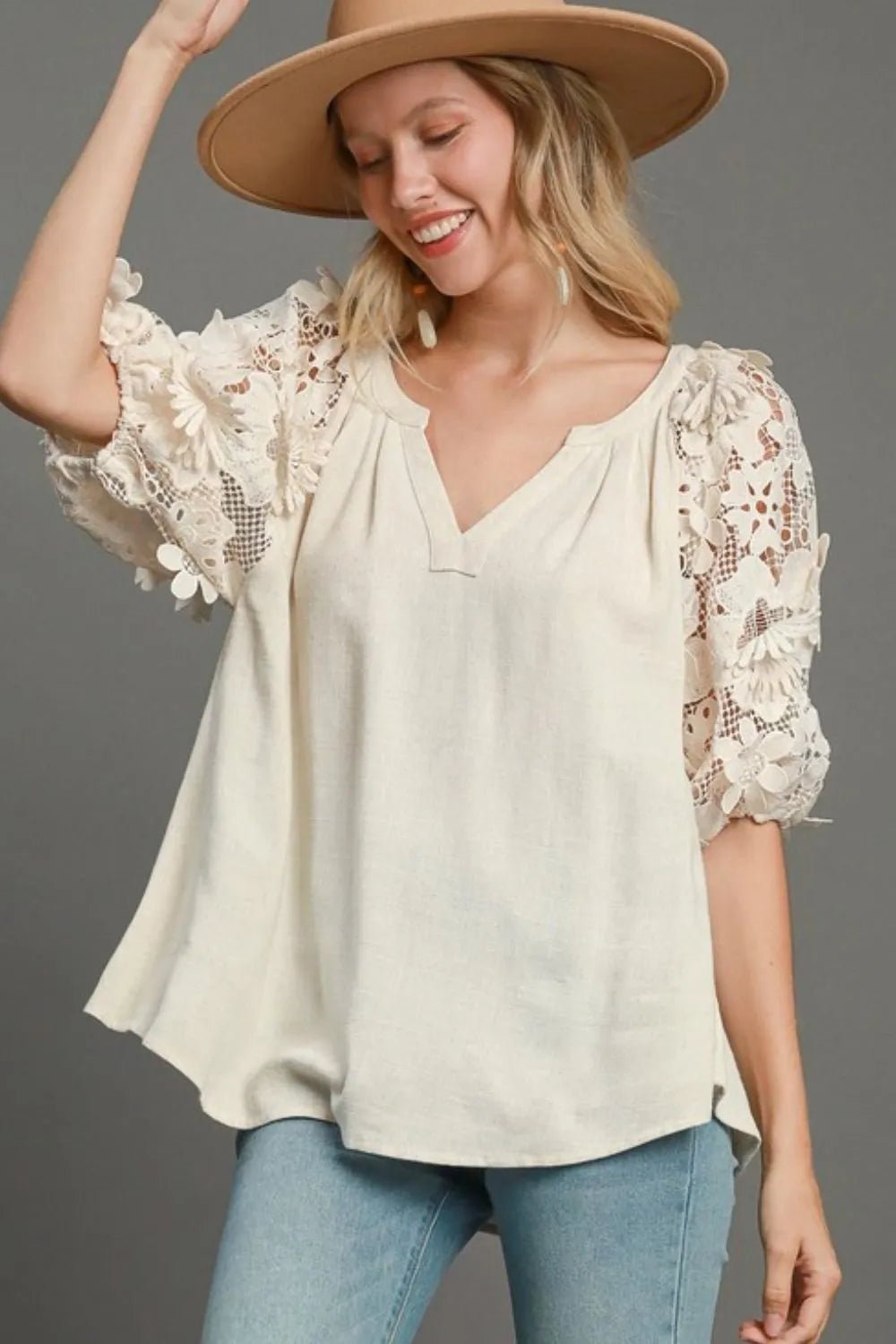 Umgee Full Size French Terry Boxy Cut Top with 3D Floral Sleeve Plus Size - Nikki &amp; Co. Boutique