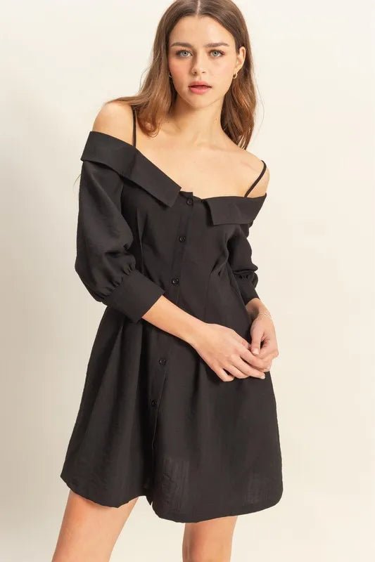 HYFVE Button Down Spaghetti Strap Mini Dress with Pockets in Black - Nikki &amp; Co. Boutique