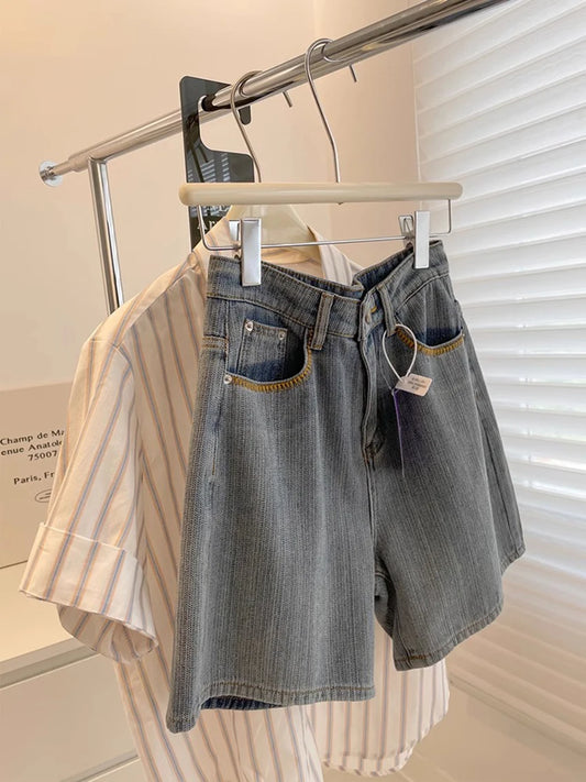 Summer Women Denim Shorts High Waisted Zipper Embroidered Retro Blue shorts American Casual Fashion Female Knee Length Jeans