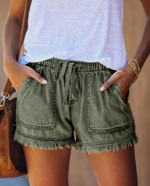 Jean Shorts for Women's Drawstring Elastic Waisted Casual Denim Shorts with Pocket Tassel Hem Soft Summer Trendy Loose Jeans