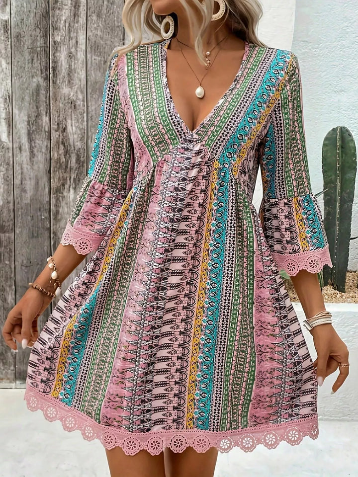 Printed V - Neck A - Line Dress - Nikki &amp; Co. Boutique
