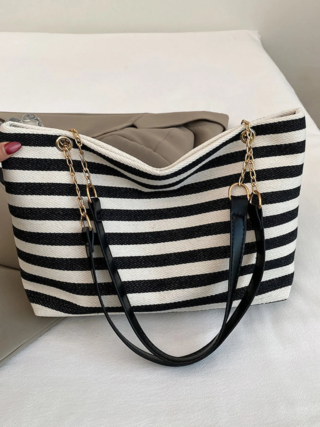 Striped Shoulder Bag with Chain Detail - Nikki &amp; Co. Boutique