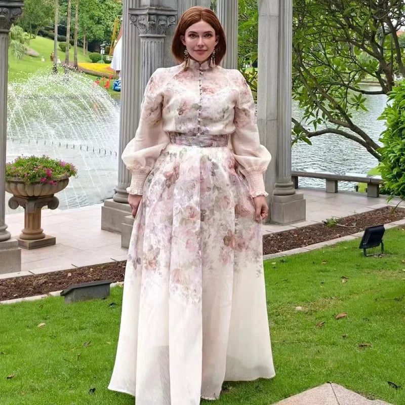 Women Flower Printed Dress Sets Long Sleeve Button Shirts+Pleated Zippers Skirts Two Pieces Suits Summer Lady Casual Outfits