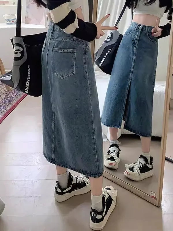 Summer New High-Waist Slit Denim Skirt for Women Washed Retro A-Line Skirt Hip Covering Straight Long Skirt