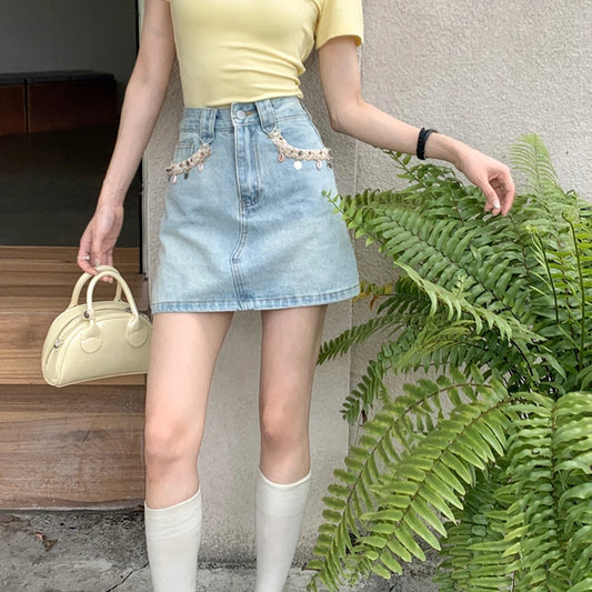 Trend Women's Y2K Jeans Skirt - Dongdaemun Style Chain Detail High Waist Blue Denim A-Line Skirt Slimming Versatile 2682