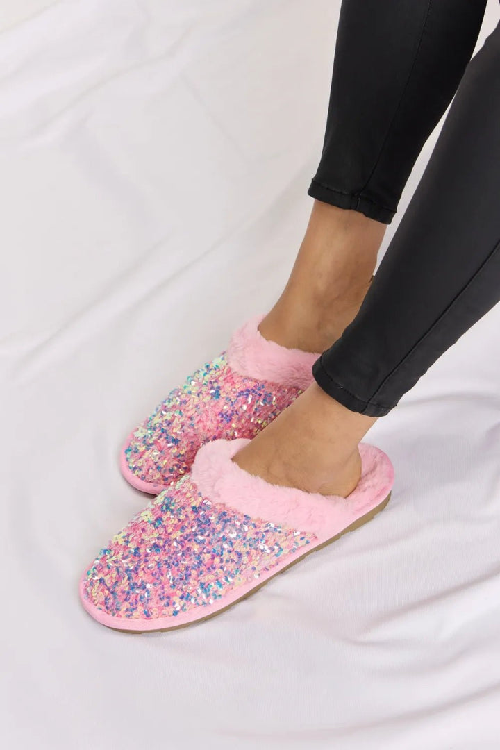 Forever Link Sequin Plush Round Toe Slippers in Pink - Nikki &amp; Co. Boutique