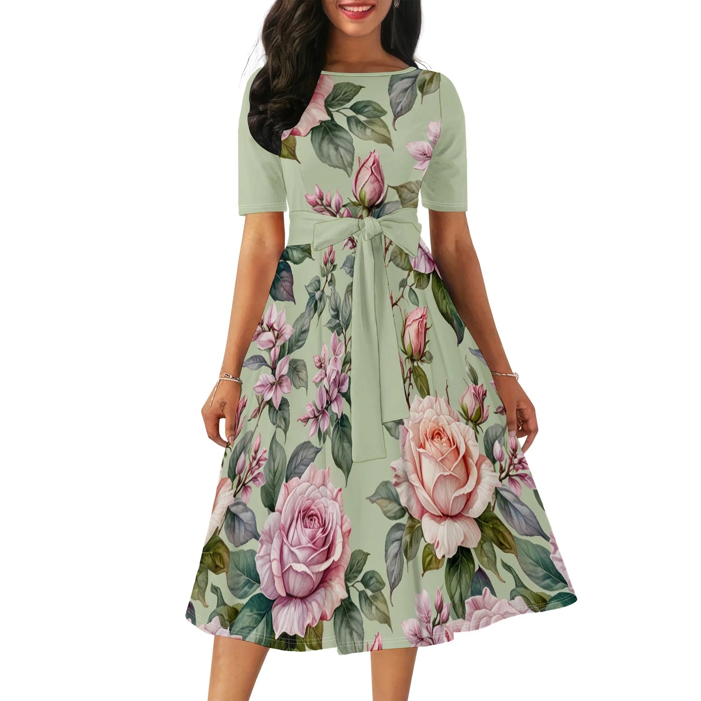 Women's Boatneck Vintage Cocktail Party Dress with Puff Sleeves