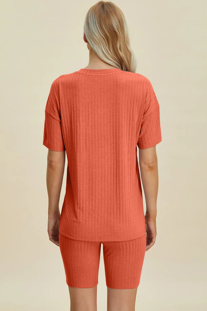 Basic Bae Full Size Ribbed V-Neck Shorts Sleeve Tops and Shorts Sets | Nikki &amp; Co. Boutique