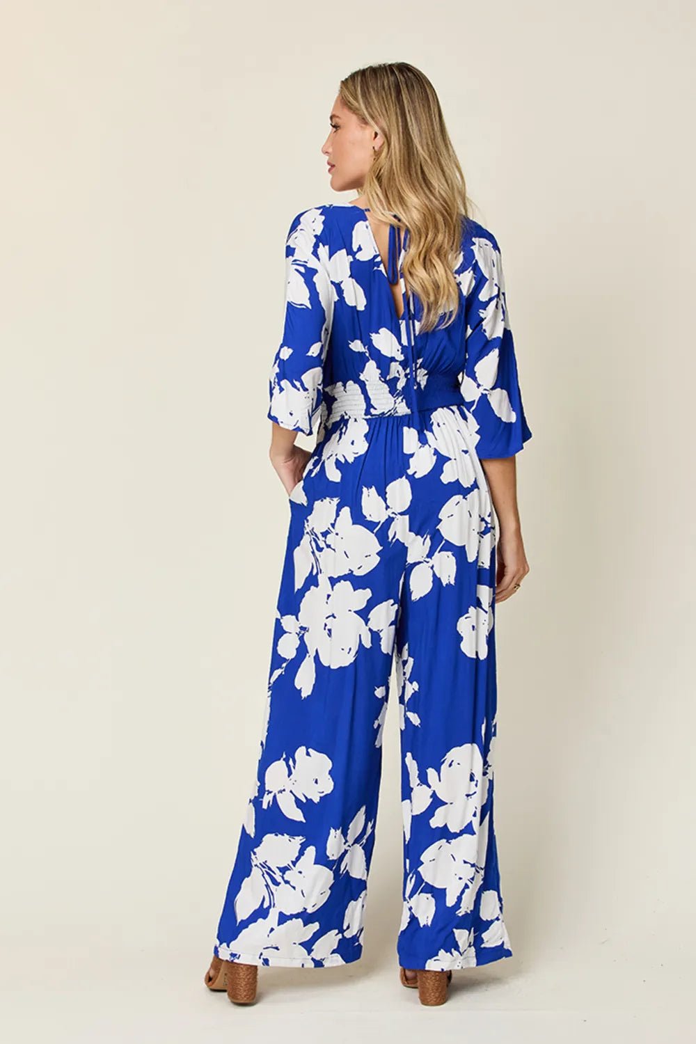 Double Take Full Size Printed Tie Back Wide Leg Jumpsuit | Nikki &amp; Co. Boutique