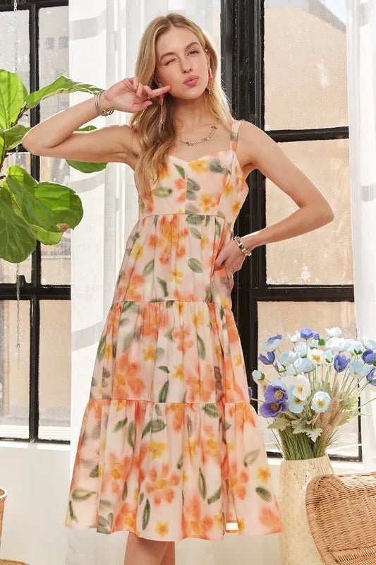 ADORA Smocked Back Floral Adjustable Strap Midi Dress in Tangerine - Nikki &amp; Co. Boutique