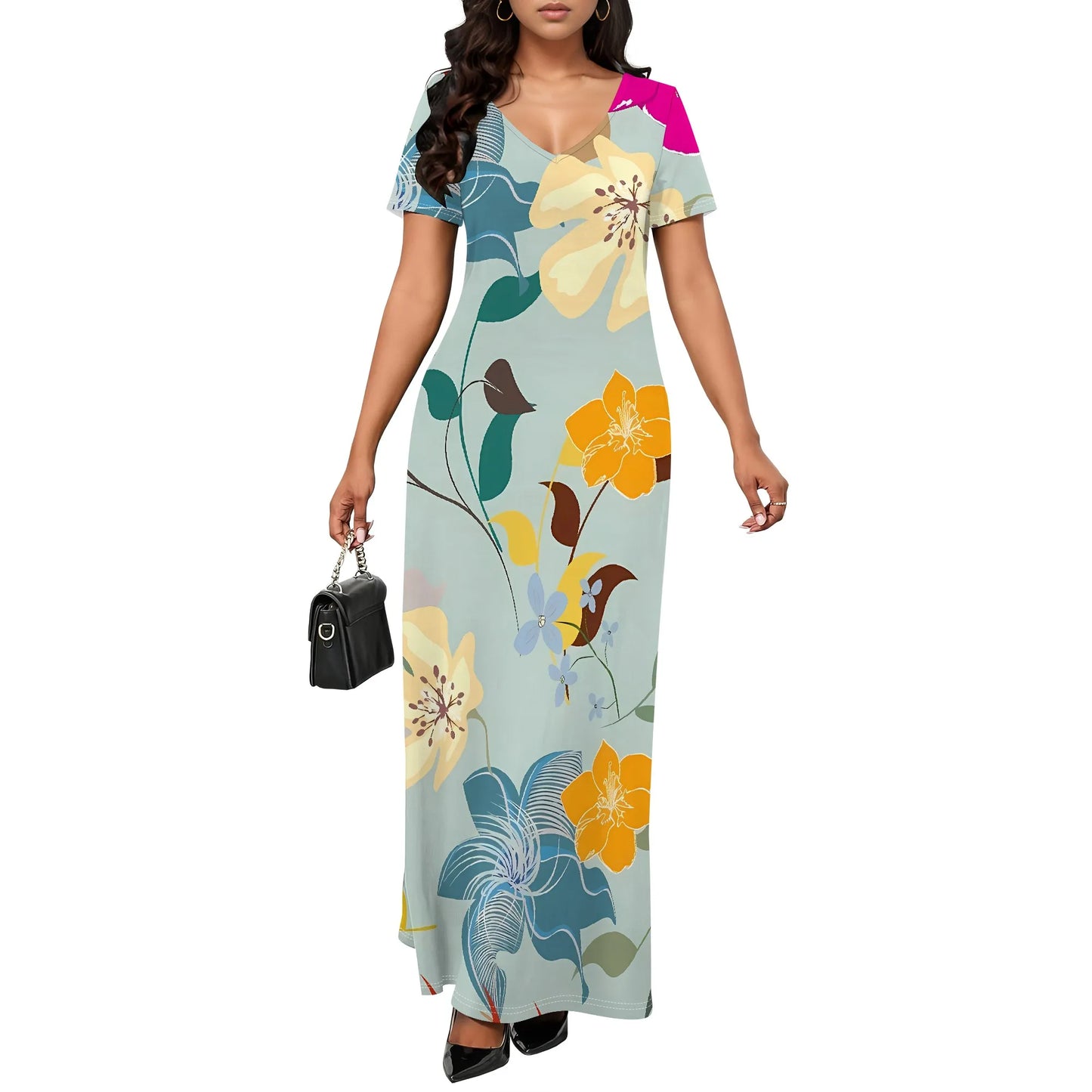 Women's Multicolor Floral Print Maxi Dress Short Sleeve V Neck Long Dress Casual Summer Beach Holiday Wear
