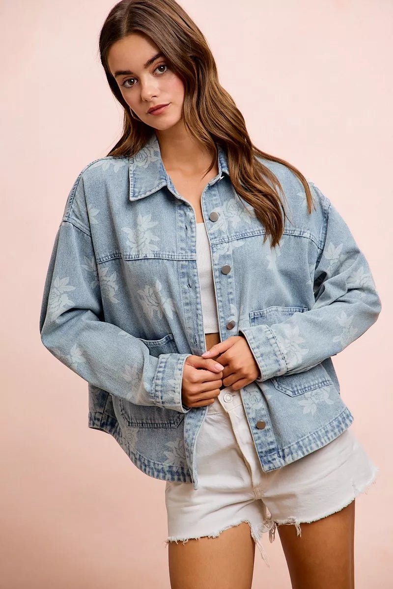 BiBi Printed Washed Denim Jacket With Pocket - Nikki &amp; Co. Boutique