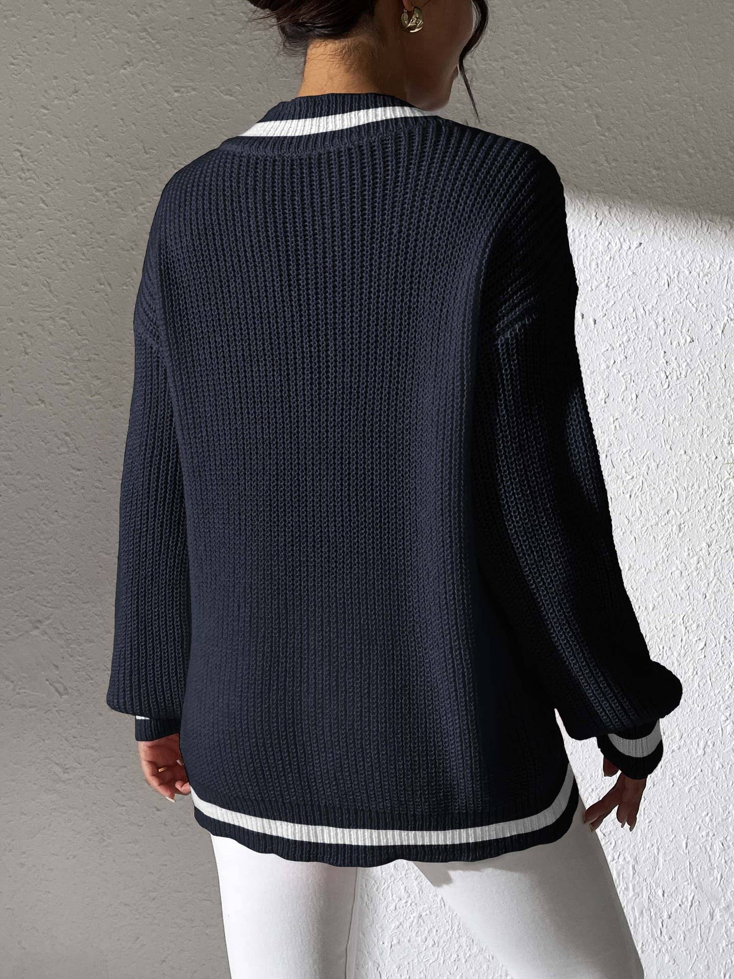 Rosa (NP) - Contrast V - neck long sleeve sweater: Navy / White - Nikki and Co Boutique