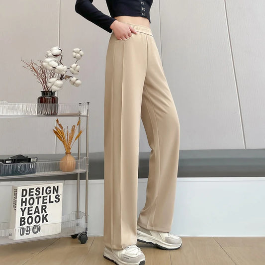 Women's Silk Pants Lady Summer Loose Commuting Straight Leg Pants High Waist Trousers Thin Knitwear Solid Color Bottoming Pant