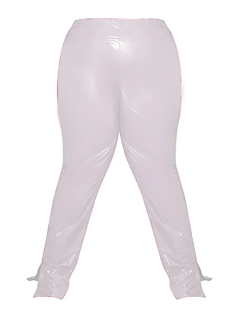 plus Size High Waist Faux Latex Pencil Pants Women Shiny PVC Leather Leggings Stretchy 6XL 7XL Custom Hem Split Trousers