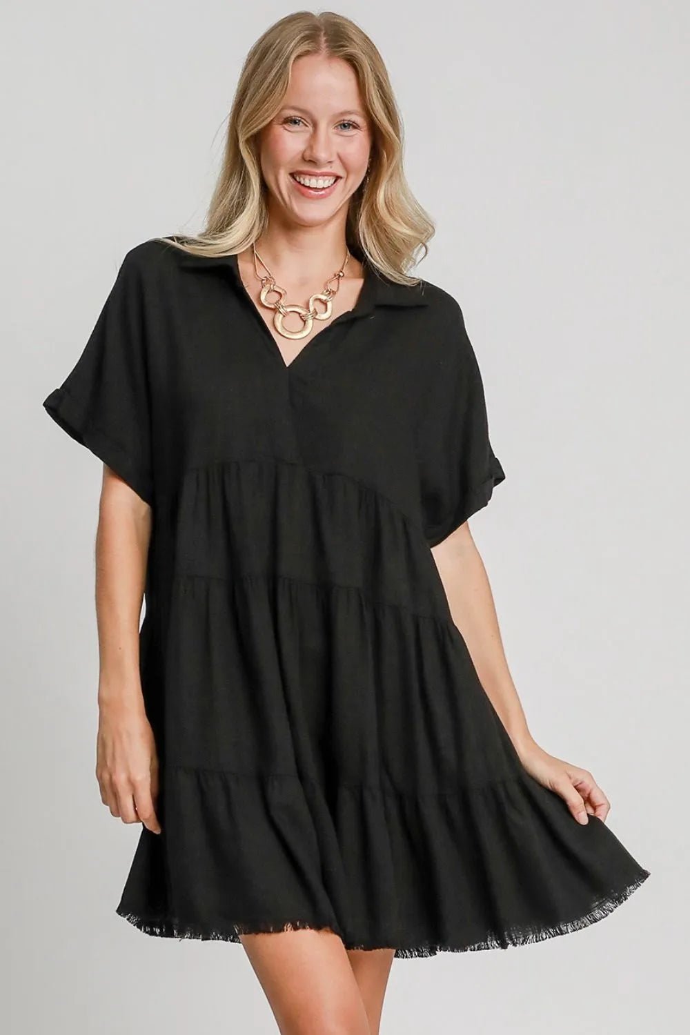 Umgee Full Size Raw Hem Folded Sleeve Tiered Dress Plus Size - Nikki &amp; Co. Boutique