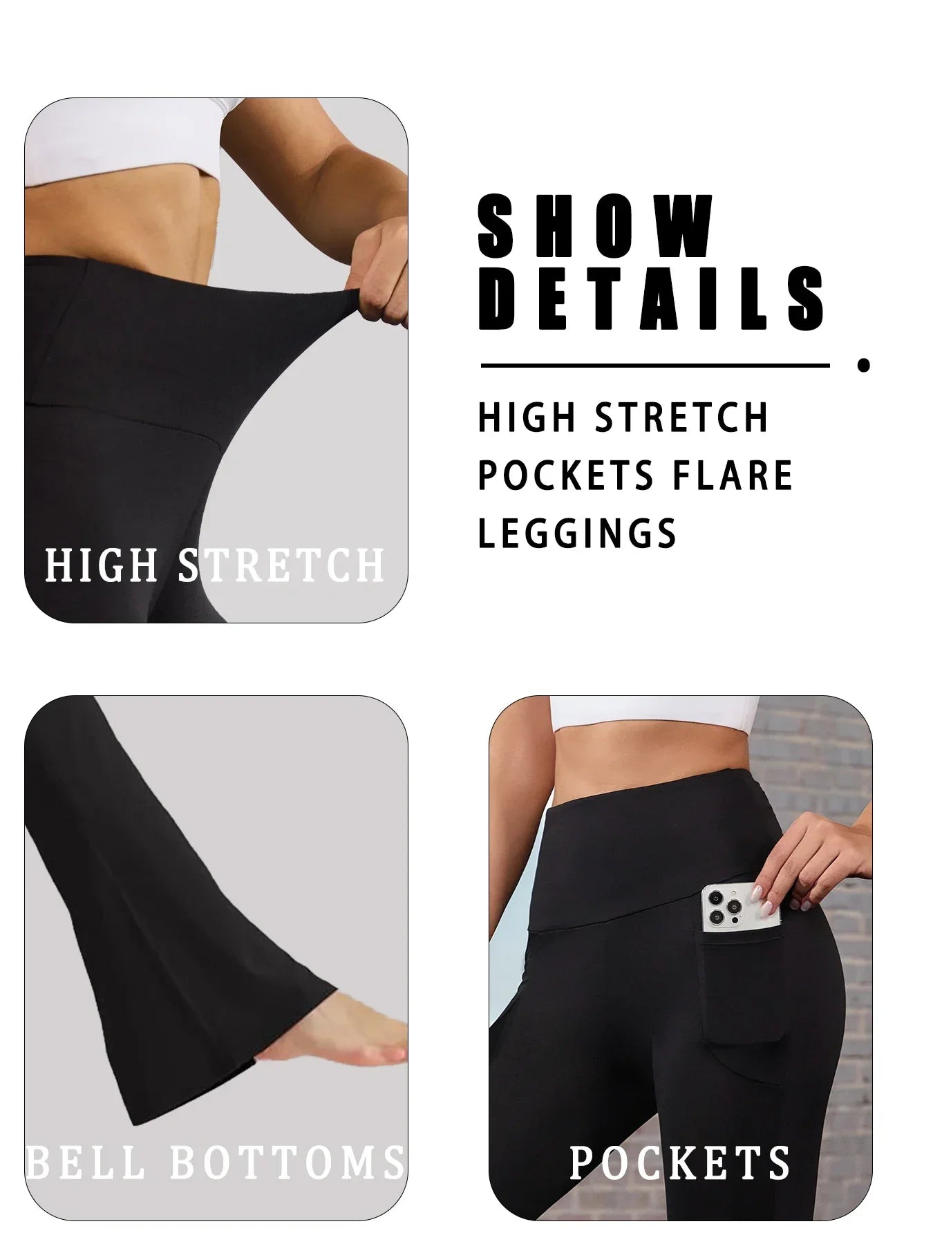 Women's Super Soft Flare Pants with Pockets High Waisted Tummy Control Workout Yoga Push Up Gym Fitness Leggings Bell Bottoms