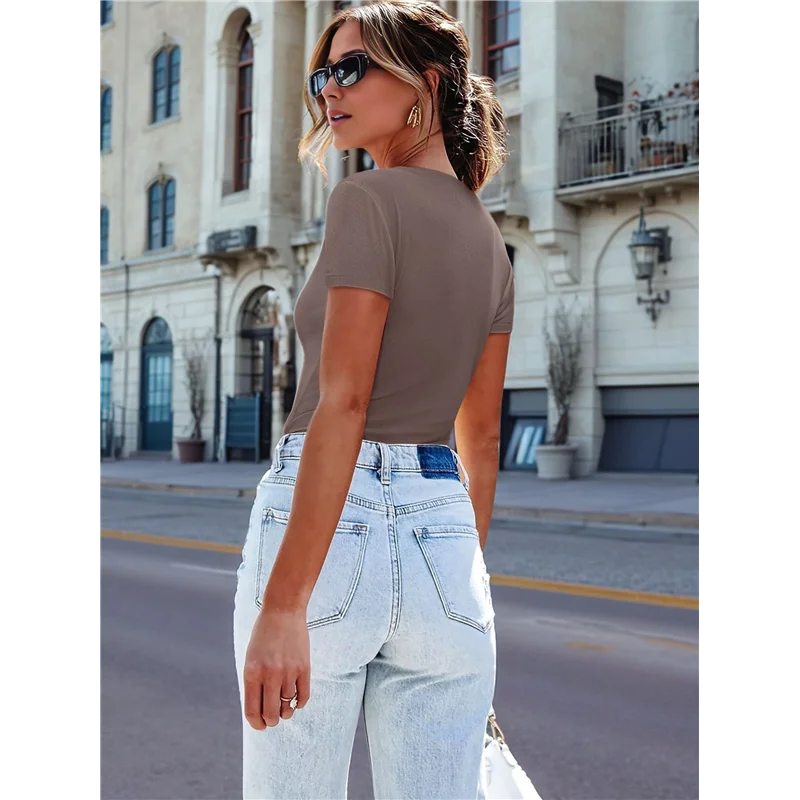 ASDS-Women Short Sleeve Lace V Neck Shirts Ribbed Knit Fitted Business Dressy Casual Summer Blouses T-Shirt