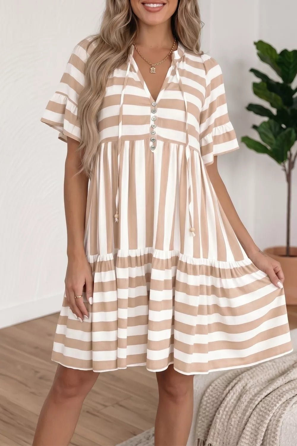 Stripe Tie V - Neck Ruffle Trim Short Sleeve Flared Summer Dress - Nikki &amp; Co. Boutique