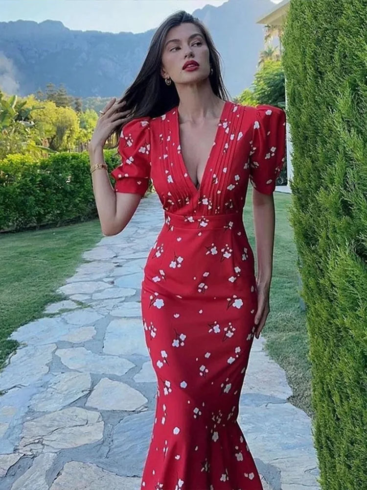 Print Deep V Shoulder Pad Long Dress Elegant Short Sleeve Waist Cinching Sheath Party Dresses