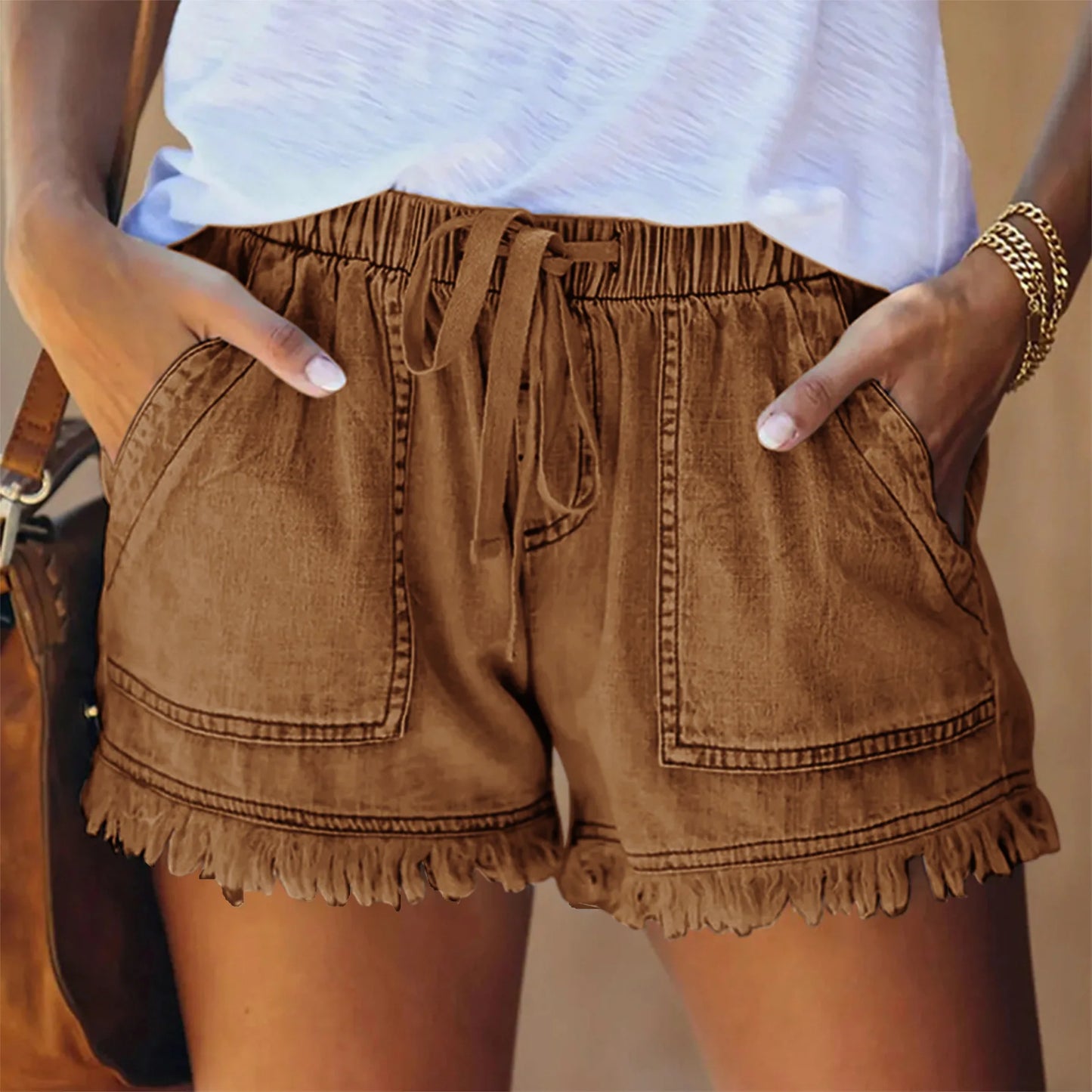 Jean Shorts for Women's Drawstring Elastic Waisted Casual Denim Shorts with Pocket Tassel Hem Soft Summer Trendy Loose Jeans
