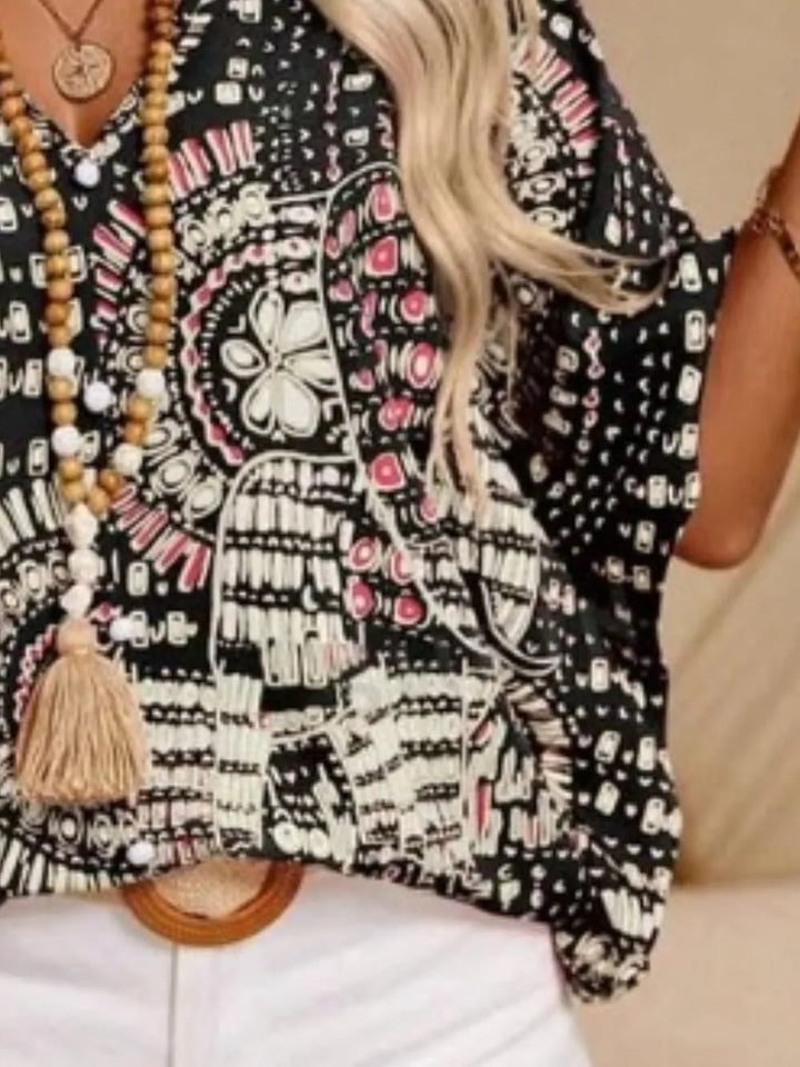 Printed V - Neck Half Sleeve Tops - Nikki &amp; Co. Boutique