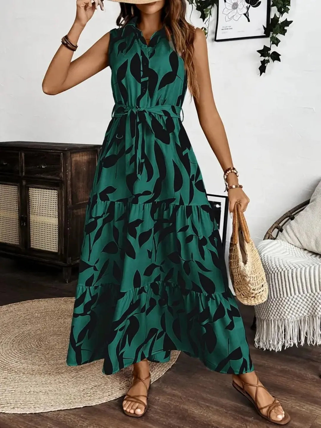 Printed Tie Waist Sleeveless Maxi Dress | Nikki &amp; Co. Boutique