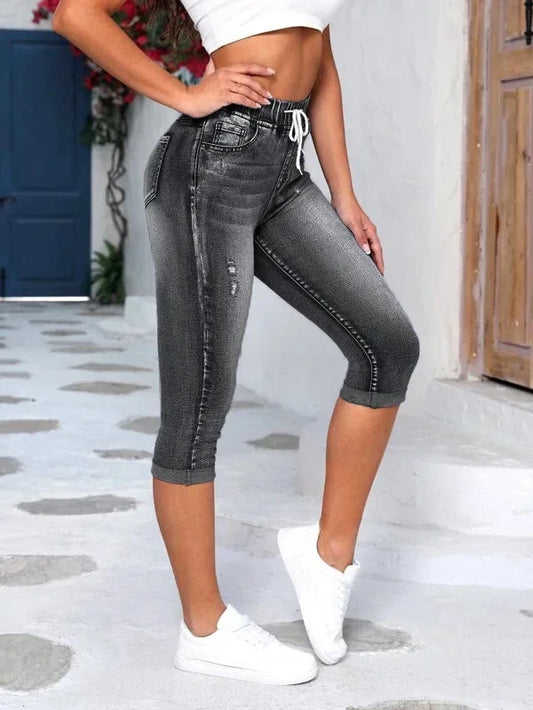 Hole Jeans Women Calf Length Denim Pants Fit High Waist Drawstring Pockets Vintage Pencil Trousers Streetwear Denims Summer