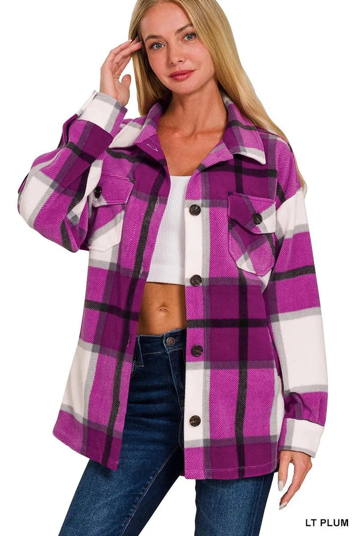 Zenana Oversized Plaid Flannel Shacket | Light Plum - Nikki &amp; Co. Boutique