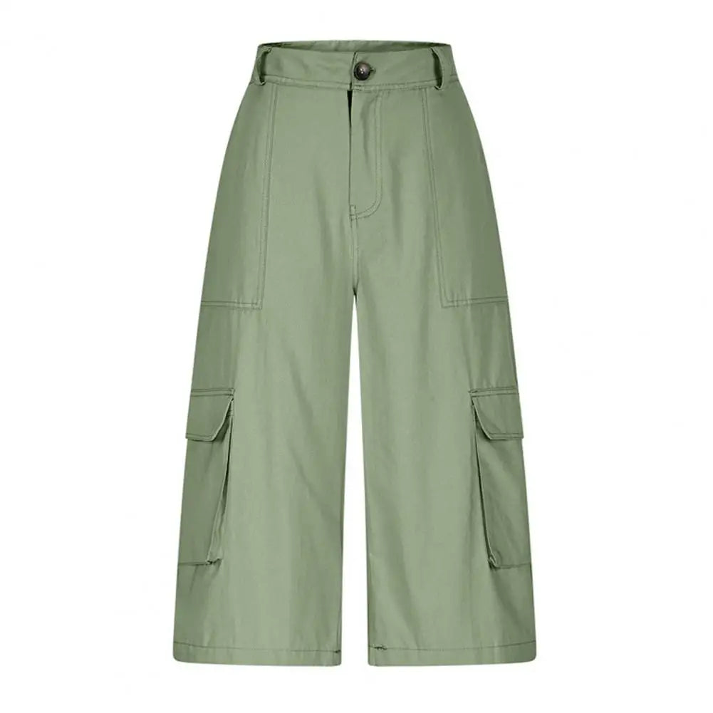Women Cropped Pants Mid-Waist Design Straight Wide Leg Casual Trousers With Pockets Casual Loose Fit Summer Breathable Pants