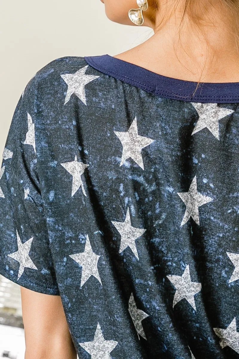 BiBi Vintage Star Print Tops With Contrast Caged Neck | Nikki &amp; Co. Boutique