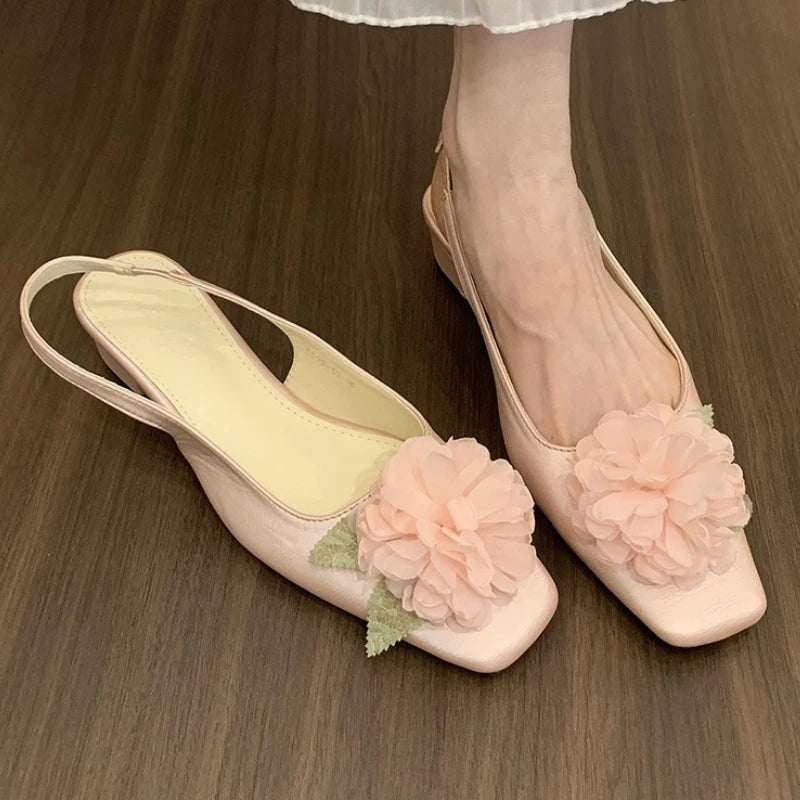 Flower Summer Sandals for Women Shallow Comfort Low Heel Dress Shoes Ladies Fashion Designer Footwear Female Zapatos De Mujer