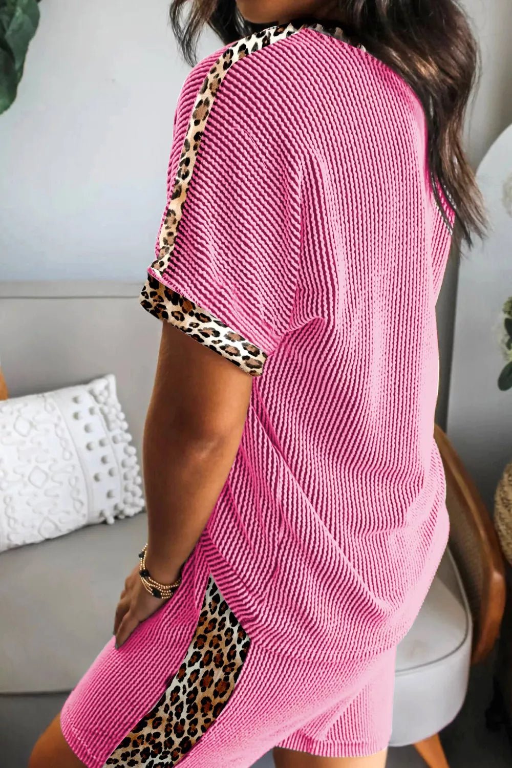 Leopard Trim Twist Ribbed Top and Shorts Set in Fuchsia Pink - Nikki &amp; Co. Boutique