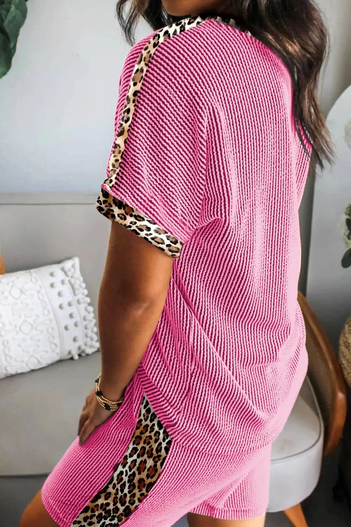 Leopard Trim Twist Ribbed Top and Shorts Set in Fuchsia Pink - Nikki &amp; Co. Boutique